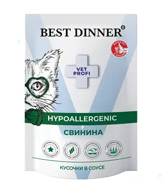 Best Dinner Vet Profi Hypoallergenic влажный корм для кошек при пищевой аллергии, свинина кусочки в соусе (пауч)